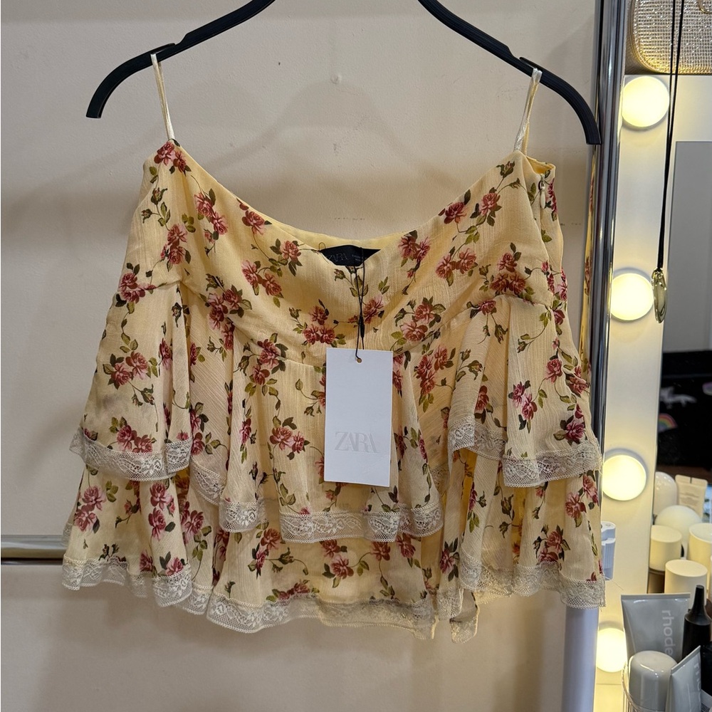 ZARA Cream Yellow Floral Lace-Trim Camisole
